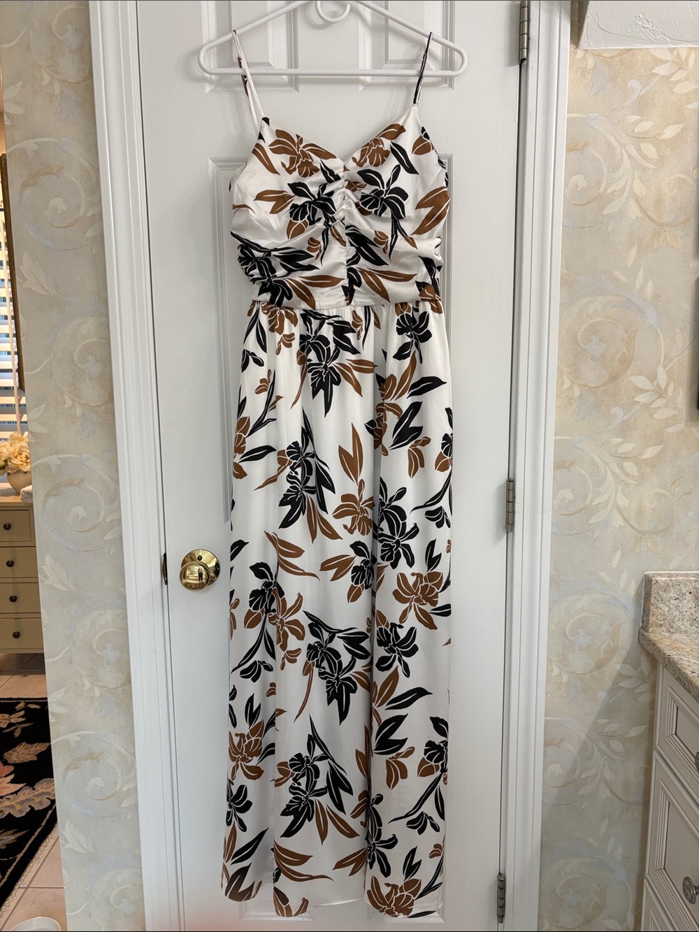 White House Black Market White Maxi Strappy Dress with Black & Brown Leaf Print